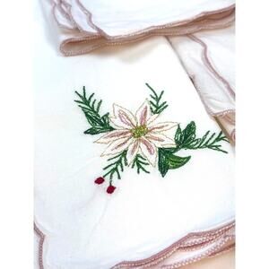 Vintage Christmas Napkins Poinsettia Design Mauve Scalloped Edge Set of Eight